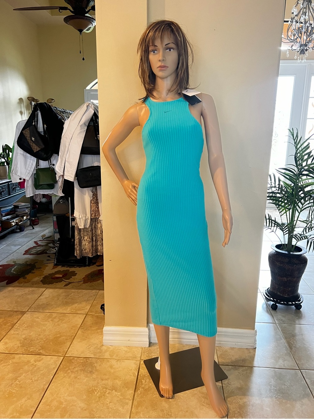 NWT XS Nike Ribbed Tank Midi Dress in Aqua Blue - Women